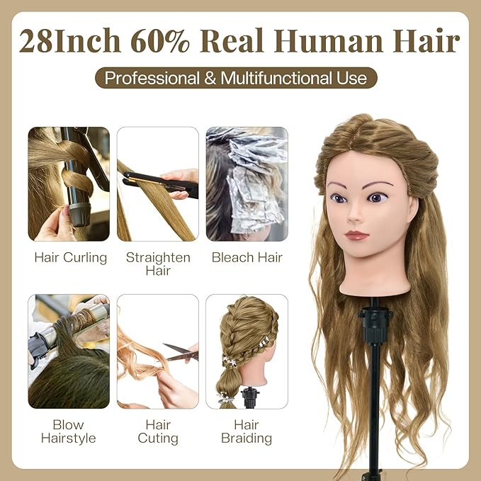 28 Inch Mannequin Head 60% Human Hair with Tripod Stand,Mannequin Cosmetology Manikin Practice Doll Head with stand,Braiding Hairdressing Head for Hair Styling with Table Clamp + DIY Hair Styling Set