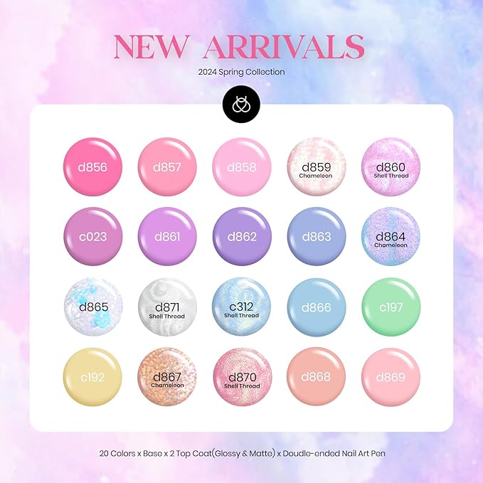 Beetles 24Pcs Gel Nail Polish Set, Pink Purple Pearl Pastel Blue Shimmer Chameleon Green Colors 2025 Spring Gel Polish Kit, 3Pcs Base Top Coat and Double-ended Brush Soak off UV