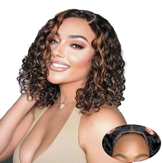 5×5 Closure Bob Wig Human Hair Glueless Wigs Human Hair Pre Plucked Pre Cut Short Curly Human Hair Wig Water Wave C Part Balayage Ombre Lace Frontal Human Hair Wigs for Black Women P1B/30 14 Inch