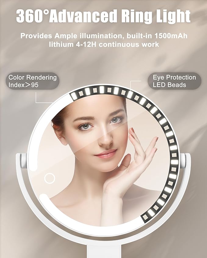 15X/1X Wall Mounted Magnifying Makeup Mirror with Power Suction Cup, Rechargeable Double Sided Regular HD/Magnification 3 Color Modes Adjustable Brightness Mirror with Lights for Bathroom, Travel