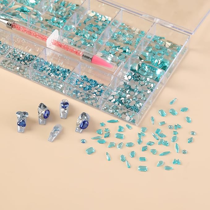 Nail Art Rhinestones 12 Kinds of 600 PCS + 6600 Pieces Flat Back Rhinestones Mixed Different Size Flat Back Rhinestones Crystals 3D Decoration Flat Back Stones Gemstone Set for Nail Art DIY（lake blue）