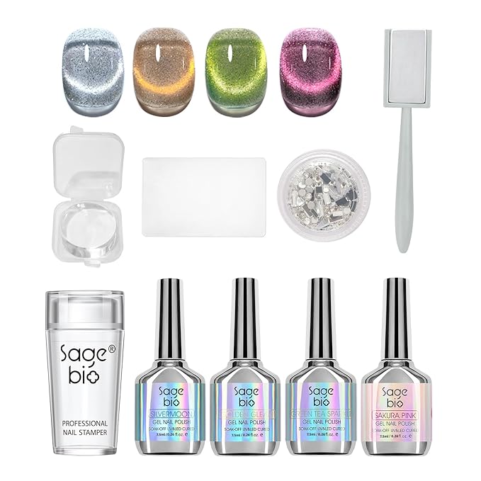 Cat Eye Gel Nail Polish Set with Strong Magnet Stick, 4 Colors 7.5ml Gel Polish Kit + 1 Box Nail Art Rhinestones + 3PCS Nail Art Stamper Kit Clear Silicone Nail Stamping for DIY Manicure