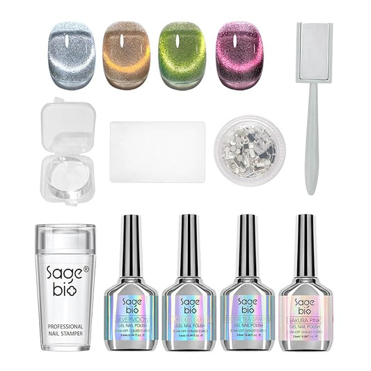 Cat Eye Gel Nail Polish Set with Strong Magnet Stick, 4 Colors 7.5ml Gel Polish Kit + 1 Box Nail Art Rhinestones + 3PCS Nail Art Stamper Kit Clear Silicone Nail Stamping for DIY Manicure