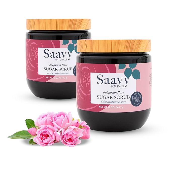 Saavy Naturals Bulgarian Rose Sugar Scrub Pack, Relaxing Rose Scented Body Sugar Scrub Exfoliator, Vegan Organic Body Scrub with Vitamin E, and More, Luxe Rose Scrub Gift Set-2 PACK