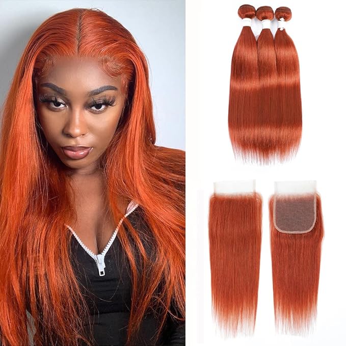 REMY HAIR Straight Burnt Orange 3 Human Hair Bundles with Lace Closure 4ﾗ4 Free Part 100% Brazilian Remy Orange Human Hair Weaves for Black Women Color #350 (14 16 18 + C14)