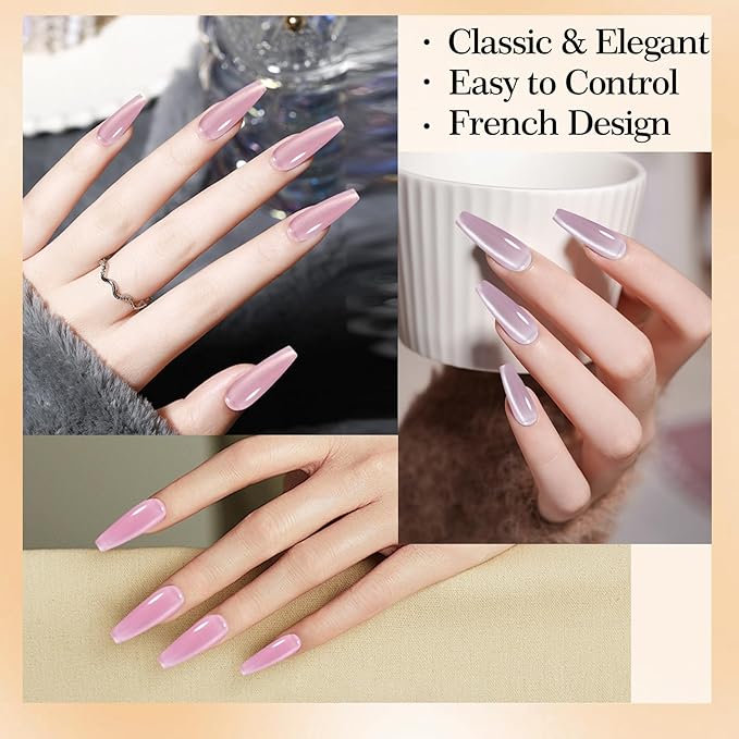 Adhere 7Pcs 5G Ultrafine Magnetic Water Light Sensation Colorful Light Cat Eye Gel Nail Polish, Transparent Light Pink Colored Glass Bead Cat Eye with Magnet Brush