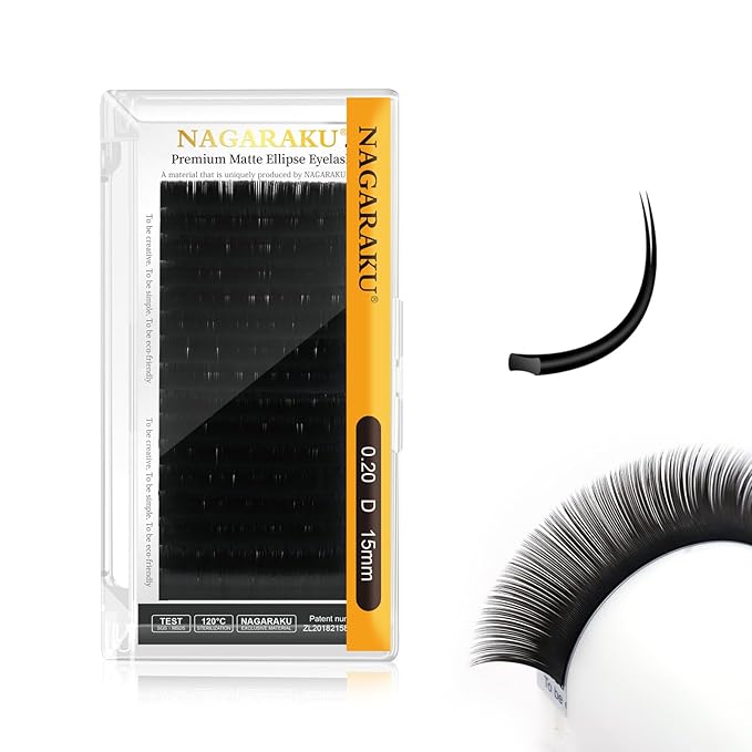 NAGARAKU Double Tips Ellipse Eyelash Extensions Lighter Thinner Flat Split Tips Individual Lash 0.20mm D curl 15mm Matte Black Faux Mink Classic False Lash Supplies 16 Rows