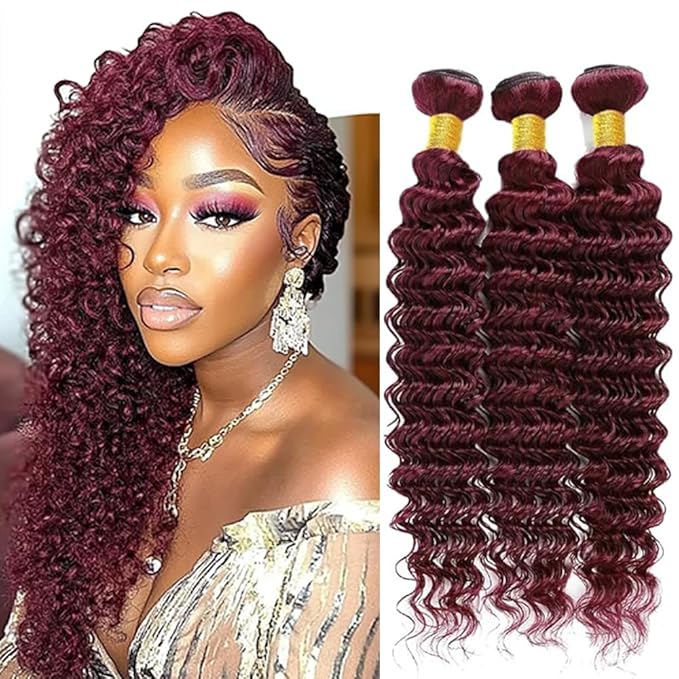 Burgundy Deep Wave Bundles Color 99j Human Hair Loose Deep Wave Bundles 8a Grade Double Weft Brazilian Human Hair Soft and Silky for Black Women 8 10 12 Inch