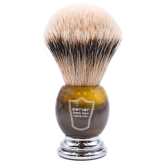 Parker Silvertip Badger Shaving Brush-Faux Horn Handle with a Chrome Base, Long Loft Dense Bristles- Men's Badger Shaving Brush with Stand Included