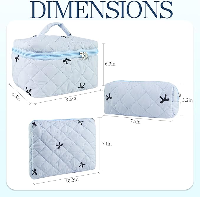 3Pcs Quilted Makeup Bag, Cute Floral Cotton Cosmetic Bag set, Coquette Bow Makeup Pouch Large Travel Toiletry Bag
