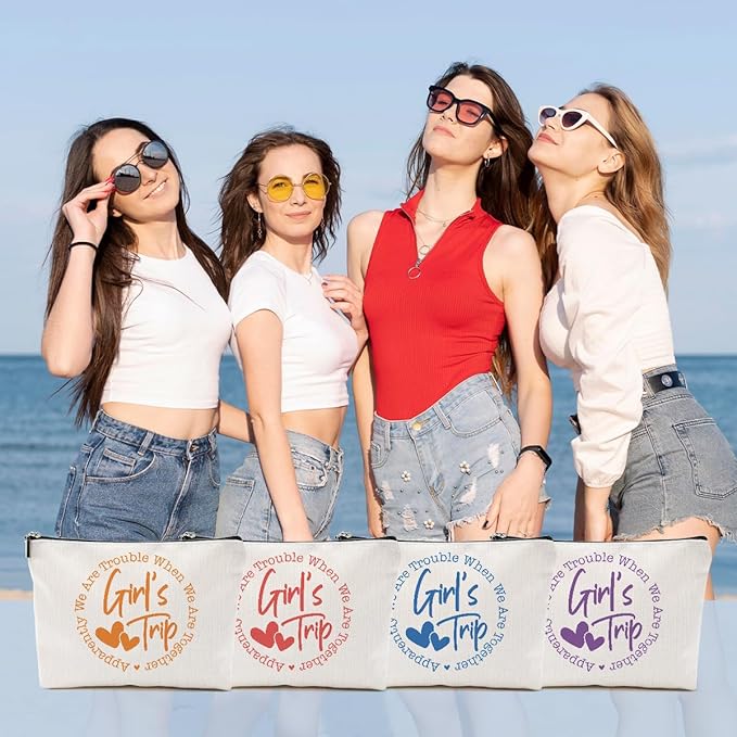 4Pcs Girls Trip Gifts Favors, 2025 Girls Weekend Gifts Makeup Bag, Bestie Gifts Weekend Bag Travel Gifts Vacation Cosmetic Bag, Friendship Gifts for Women Sister, Graduation Wedding Gifts Toiletry Bag