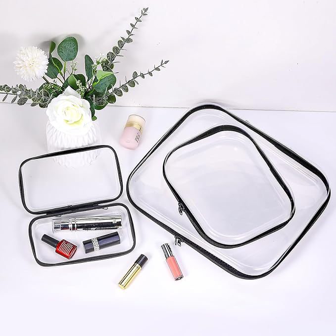 3 Pack Zippered Hard Pouch, Clear Hard Shell Zipper Case, Clear Plastic Storage Box Containers Small Toiletry Bag for Small Items, Toys, Building Blocks, Puzzles, Cosmetics&Stationery, 3 Size (Black)