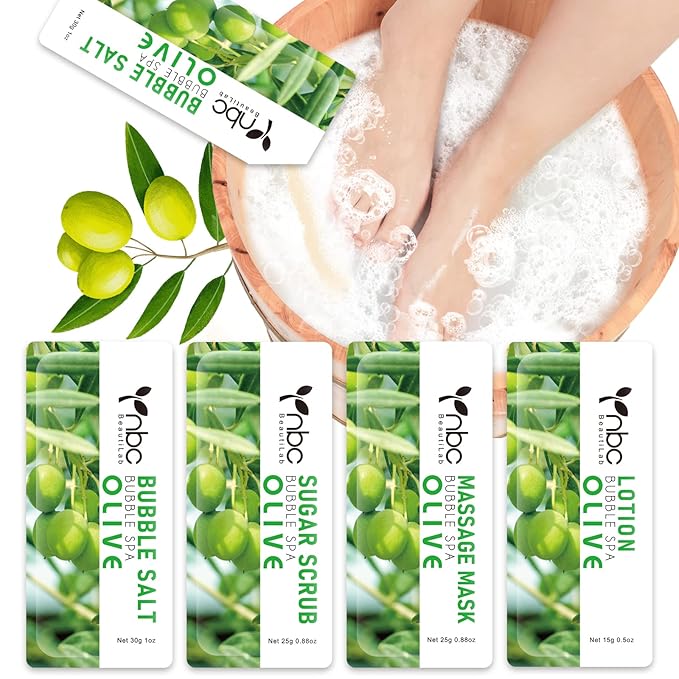 Pedicure Kit Foot Soak Set: Bubble Salt, Sugar Scrub, Massage Mask, Massage Lotion in a Box, 4 Step Foot Spa Kit for Dry Feet,Tired Feet (1 Set Olive)