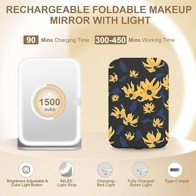 Mocado Travel Makeup Mirro with Lights, 360° Rotation Lighted Makeup Mirror, Portable Mirror with 10x Magnification, 60LEDs 3 Color Lightings, Dimmable Touch Screen, Tabletop Light up Mirror(Daisy)