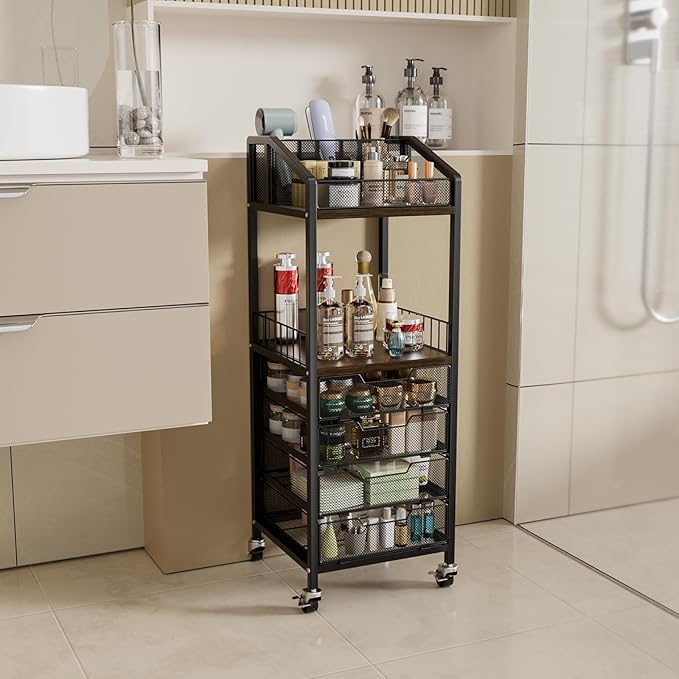 HapiRm Makeup Organizer Storage Cart - Floor Skincare Make Up Storage with 4 Drawers, Rolling Makeup Cart Vanity Organizer Cosmetics Display Cases Holder for Skin Care Perfume Nail Polish