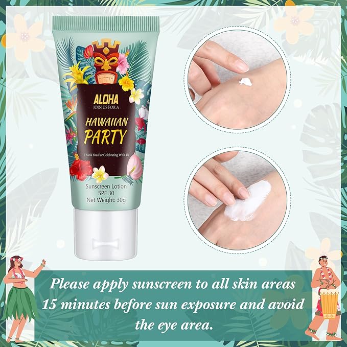 24 Pcs Mini Sunscreen Bulk for Summer Wedding Party Spf 30 Water Resistant Sunscreen Lotion Bulk 1oz Travel Size for Thank You Gifts Wedding Party Supplies(White Cream,Hawaiian Party)