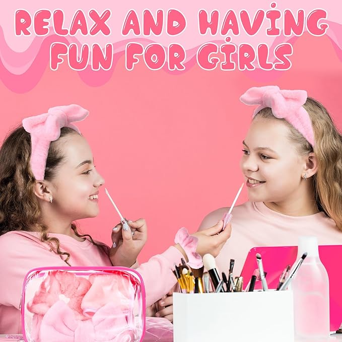 24 Pieces Sleepover Party Supplies Spa Party Favors 6 Spa Headband 6 Velvet Scrunchies 6 Makeup Remover Cloth 6 Clear Cosmetic Bags for Slumber Gift(Pink)