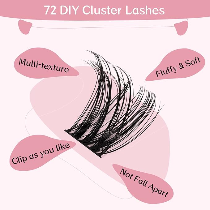 Cluster Lashes 72 Pcs Lash Clusters DIY Eyelash Extension Individual Cluster Eyelashes Tender Style Self-Application Fluffy Super Thin Band Reusable Soft & Comfortable(Tender-C-14mm)