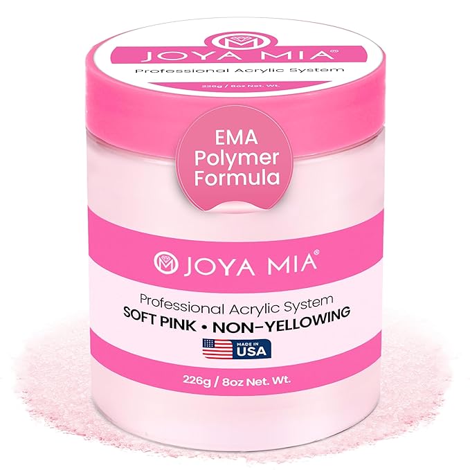 Joya Mia Acrylic Powder for Nails, MMA-Free, Super Adhesion Professional Powder for Flawless & Long-Lasting Nail Enhancements, Easy Application, Vibrant & Stunning Colors - Soft Pink, 8 oz