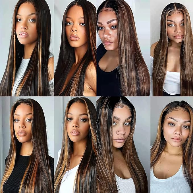 Ombre Human Hair P1B/30 Straight Bundles Two Tone Black to Light Brown Highlight Bundles Brazilian Human Hair Weave Soft and Silky for Black Women 24 26 28 Inch