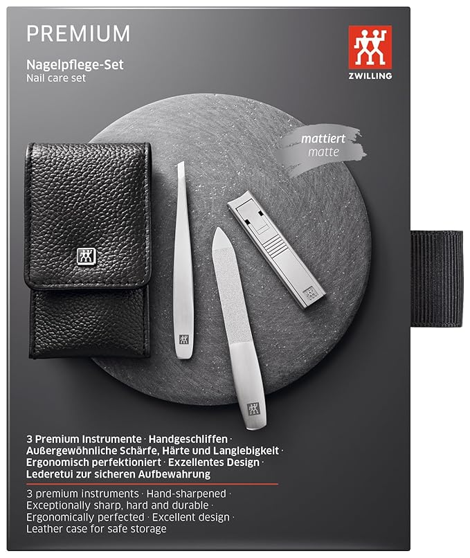 ZWILLING TWINOX Manicure Pedicure Set 3-Piece Made of 100% Cowhide with Push Button Closure, Black