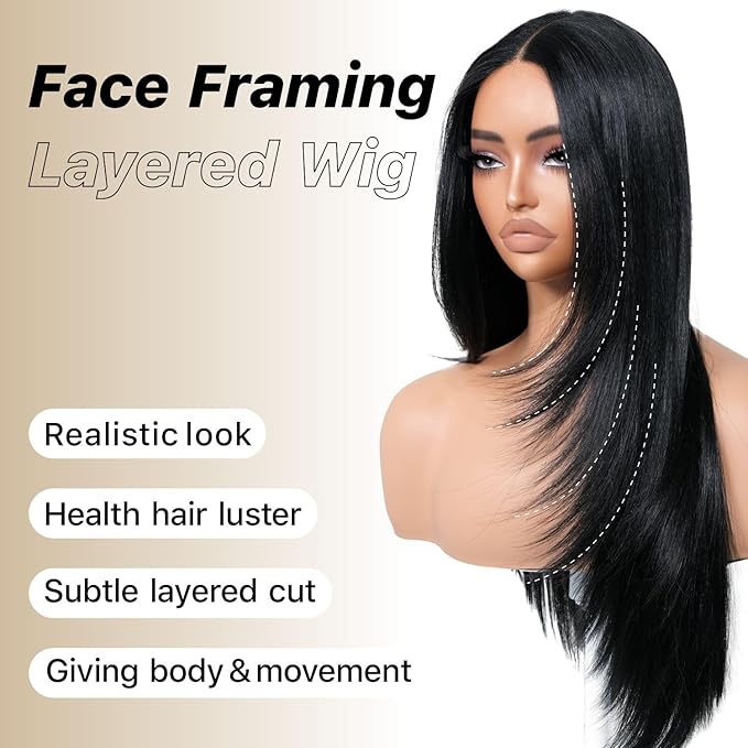Black Wear and Go Glueless Wigs Pre Plucked Pre Cut for Beginners Long Layered Straight Synthetic Lace Front Wigs with bangs 26 Inch Natural 1B 3 Seconds to Wear for Beginners