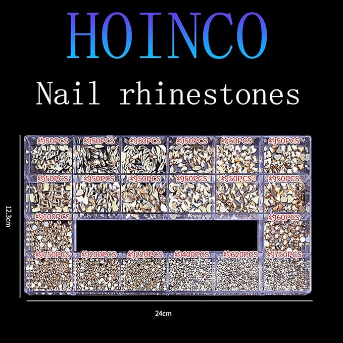 3100Pcs Flat Back Rhinestones for Nails, HOINCO Champagne Rhinestones for Nails, Mix 20 Styles Flatback Rhinestone/Gems, 600 Diamonds + 2500 Round Rhinestones Beads for Crafts with Tweezers Pen