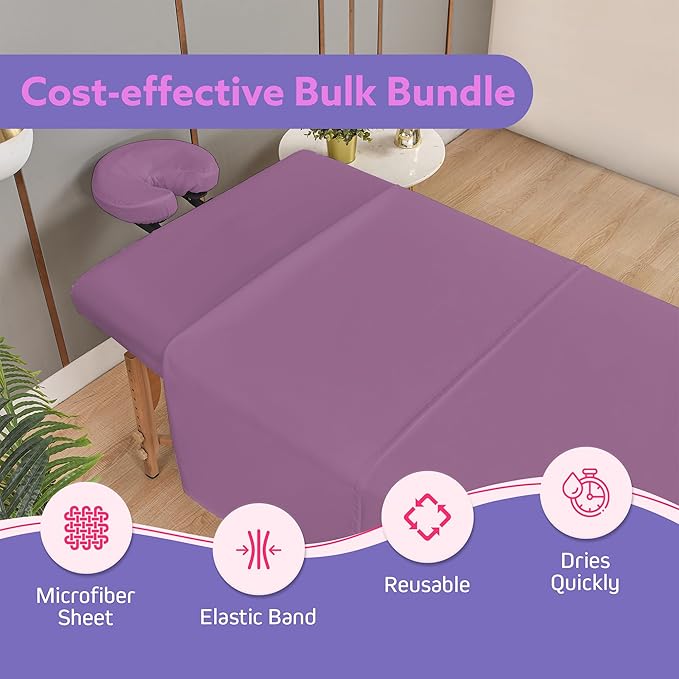Massage Table Sheets Sets – 4 Set Bundle, 120GSM Double Brushed Microfiber, Premium Massage Sheets Sets, Spa Bed Sheets for Esthetician, Wrinkle & Oil Resistant, Lavender