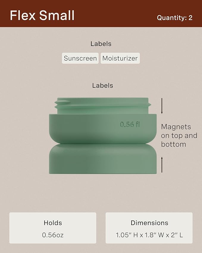 Cadence Travel Containers - Core Skincare Set - Magnetic Travel Capsules - 2 Small (0.56oz) & 3 Medium Capsules (1.32oz) with Cleanser, Moisturizer, Serum, Makeup Remover & Sun-Icon Label - Sand
