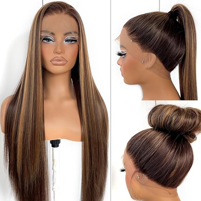 360 Honey Blonde Lace Front Wig Pre Plucked Glueless Highlight Straight Lace Front Wig 180 Density Long Straight Yaki Synthetic HD Lace Front Wig 32inch