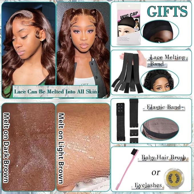 Azkiu Brown Body Wave Lace Front Wigs Human Hair Wigs HD Lace Front Wig Human Hair Pre Plucked with Baby Hair 150 Density Brazilian Virgin Transparent Lace Front Wig Colored (22 Inch)