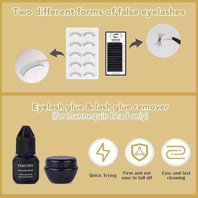 Eyelash Extension Kit for Beginners, Lash Extension Kit Professional with Lash Mannequin Head, Lash Beginner Starter Kit with Lash Fan, Extension Glue and Eyelash Remover for Lash Training