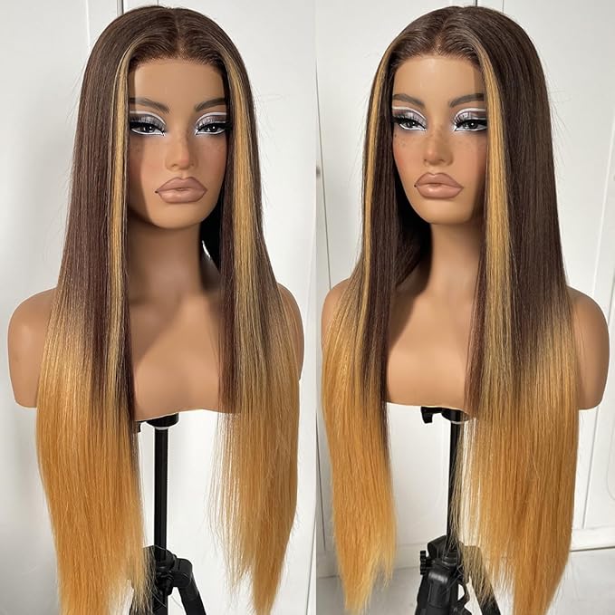 32inch Ombre Lace Front Wig pre plucked, Glueless Highlight Ombre Long Straight Lace Front Wigs Synthetic Highlight HD Lace Front Wig 1B/30/27
