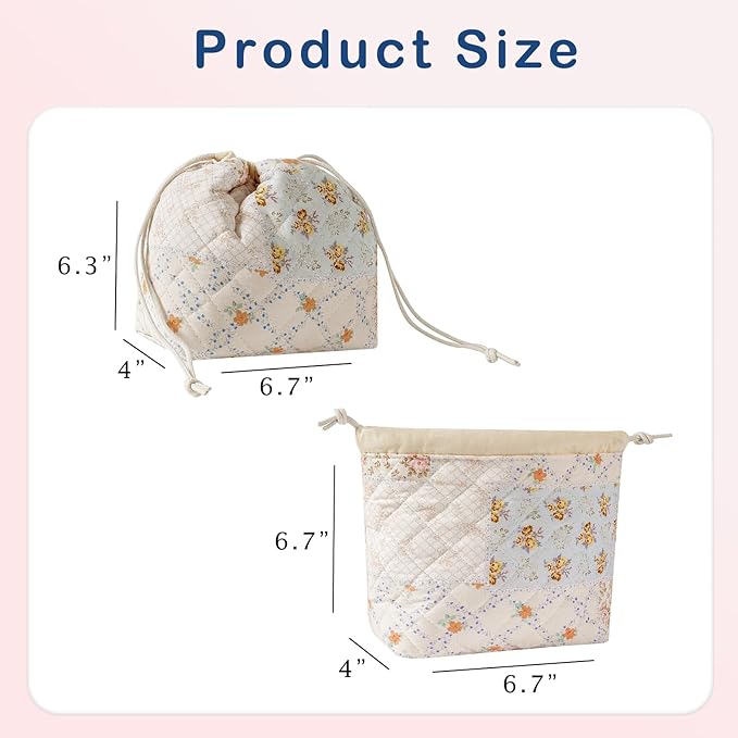 Cotton Quilted Drawstring Makeup Bag with Canvas Lining,Coquette Aesthetic Cute Travel Toiletry Bag,Drawstring Gift Bag for Women and Girls（08Pink Flower）