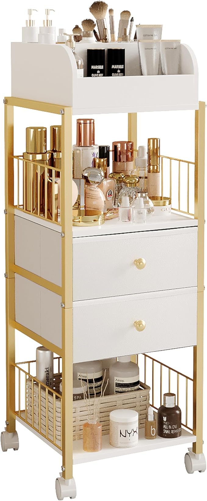 Floor Makeup Organizer Cart, Large Skincare organizers, Makeup Stand with Drawers, Makeup Vanity Organizer Cosmetics Display Cases Holder for Skin Care Nail Polish Perfume Makeup Brush (Gold)