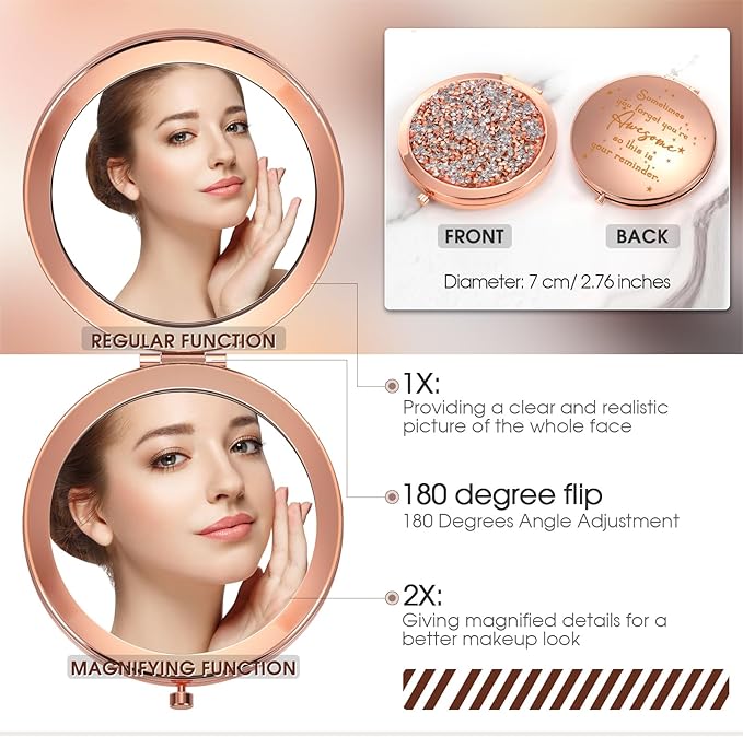 Roowest 30 Pcs Inspirational Compact Mirror Sometimes You Forget You're Awesome Appreciation Gifts for Women Mother's Day Party Favors Magnifying Pocket Mirror (Rose Gold)