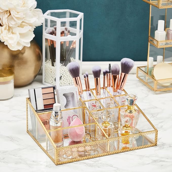 Glass Makeup Organizer with Gold Trim for Vanity, Cosmetic Storage (10.2 x 7.5 x 3.5 In)
