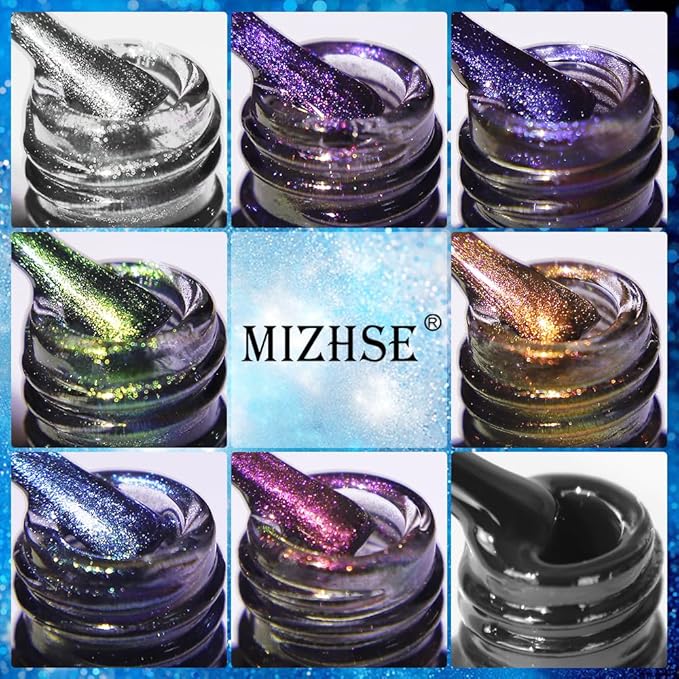MIZHSE 2 In 1 9D Cat Eye Gel Nail Polish Kit, Upgraded Magnetic Gel Polish Set with Magnet, Shiny Chameleon Magic Galaxy Effect Soak Off Gel Nail Art Gift for Women