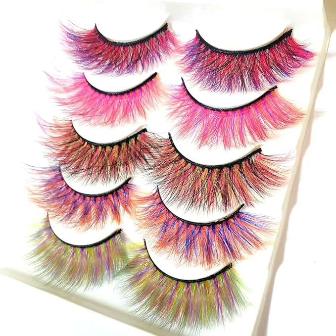 Sunniess Ombre Colored Lashes Silk Protein Fluffy Wispy Volume Fake Lashes for Halloweens Cosplay Party Stage Russian D Curl Lashes with Color Make up Faux Mink False Eyelashes