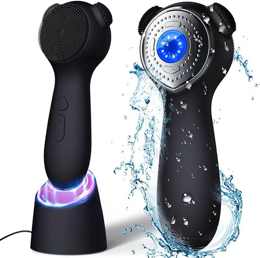 Silicone Face Scrubber Exfoliator Electric for Men Women, Rechargeable Facial Cleansing Brush with Wireless Charging Dock, Waterproof Sonic Vibrating Face Scrub Brush Cleanser for Exfoliating, Black