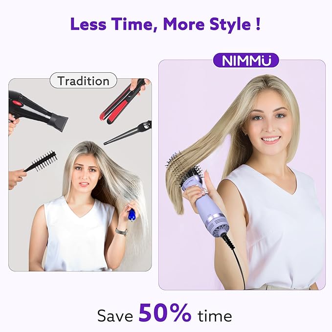 Nimmu Hair Dryer Brush Blow Dryer Brush in One, 4 in 1 Hair Dryer and Styler Volumizer for Drying Straightening Curling Volumizing Hair, Upgraded Hot Air with 2.4” Oval Barrel, Purple