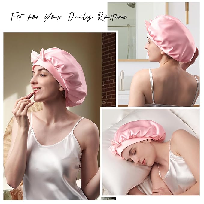 Umisleep Large Silk Bonnet for Sleeping Women, 100% Double Layer 22 Momme Mulberry Silk, Non Slip Hair Bonnet with Adjustable Band for Curly Long Hair, Pink