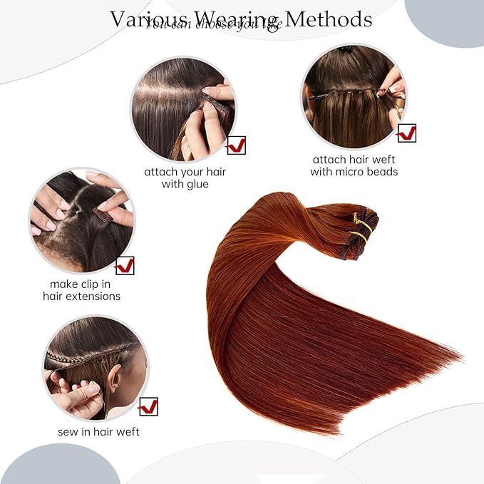 Ubetta Human Hair Weft Extensions, Dark Auburn Brown Sew in Hair Extensions Real Human Hair Weft Weave Hair Extensions 80G 12 Inch Double Weft Full Head Straight Human Hair Weaves Hair Weft Bundles