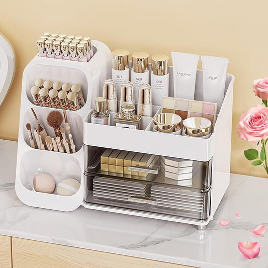 Makeup Organizer with Drawers, Skincare Organizer (Large Size Thick), Storage Box Cosmetic Display Cases, Make up Organizers for Vanity, Dresser, Desk, Kitchen, Countertop (White)