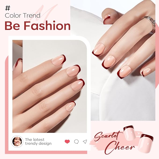 Modelones Press on Nails, Red Chrome French Short Square Fake Nails, Spring Easter Reusable Nail Kit with Nail Glue Adhesive Tabs Mini Nail File, Nails Press Ons 32Pcs16 Sizes, Women Girl Gift