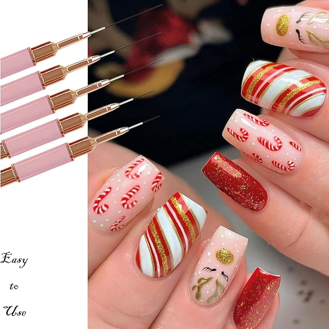 Nail Art Liner Brushes Pink Set,Double-End Nail Art Brushes 10 Heads Striping Liner Brush For Long Lines Detail Thin Nail Art Brush Metal Handle Striper Brushes for Valentine's Day or Birthdays Gift