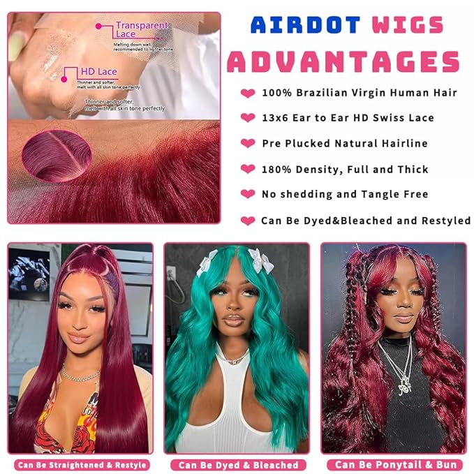 AIRDOT 30 Inch 99J Burgundy Lace Front Wigs Human Hair 180 Density Red Burgundy Wig Human Hair 13x6 HD Body Wave Lace Front Wigs Human Hair Pre Plucked Glueless Frontal Wigs Human Hair for Women