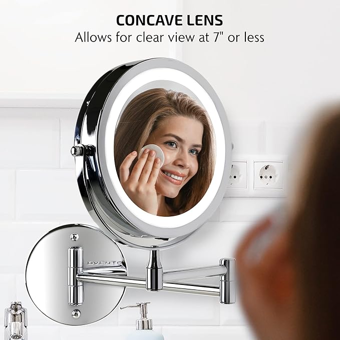 OVENTE 7" Lighted Wall Mount Makeup Mirror with 1X/10X Magnification, Cordless Double Sided Magnifying Round Vanity Mirror, 360° Swivel Design, Extendable and Folding Arm, Polished Chrome MFW70CH1X10X