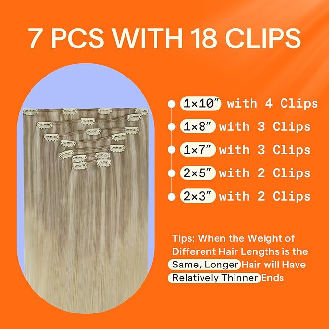 Full Shine Clip in Hair Extensions Real Human Hair Ash Blonde Highlights Platinum Blonde Natural Hair Clip in Extensions Double Weft Soft Straight Remy Brazilian Hair 7 Pcs 20 Inch