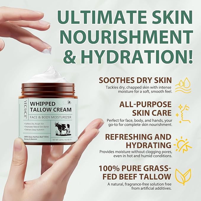 Whipped Beef Tallow for Skin, Organic Face Moisturizer with Grass Fed Beef Tallow & Raw Honey, Deeply Moisturizes Face & Body, Reduces Skin Irritation and Sensitivity, 2 Pcs